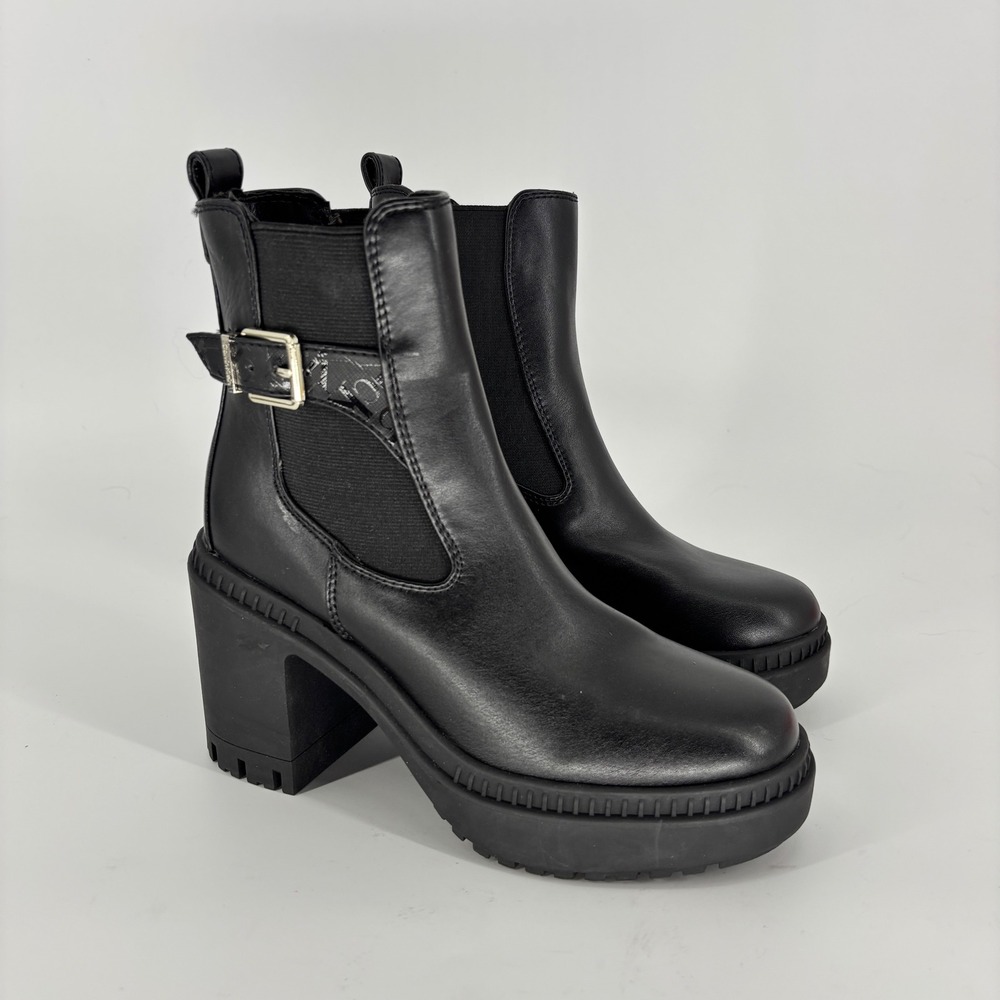 Calvin Klein Fayth 2 Ankle Boot Black Women Size 5.5 Block Heel Lug Sole Buckle
